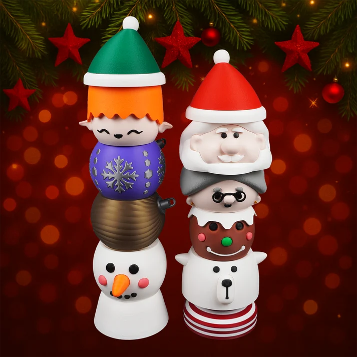 Christmas Spirit Poles — elf and snowman stack, Santa and gingerbread stack