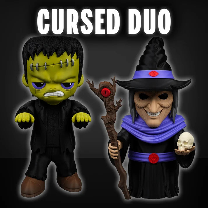 Cursed Duo — Frankenstein monster figure and witch figure with staff and skull