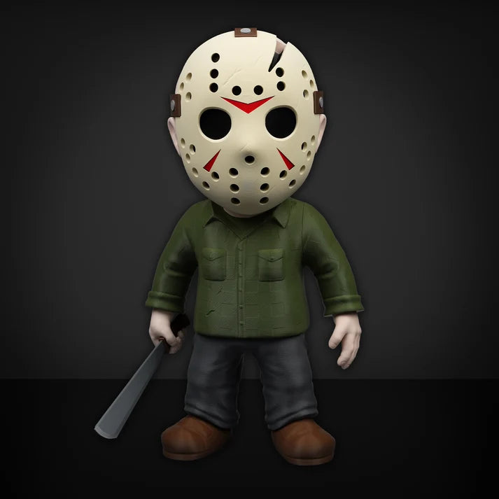 Machette figure — hockey-mask figure in a green shirt holding a machete